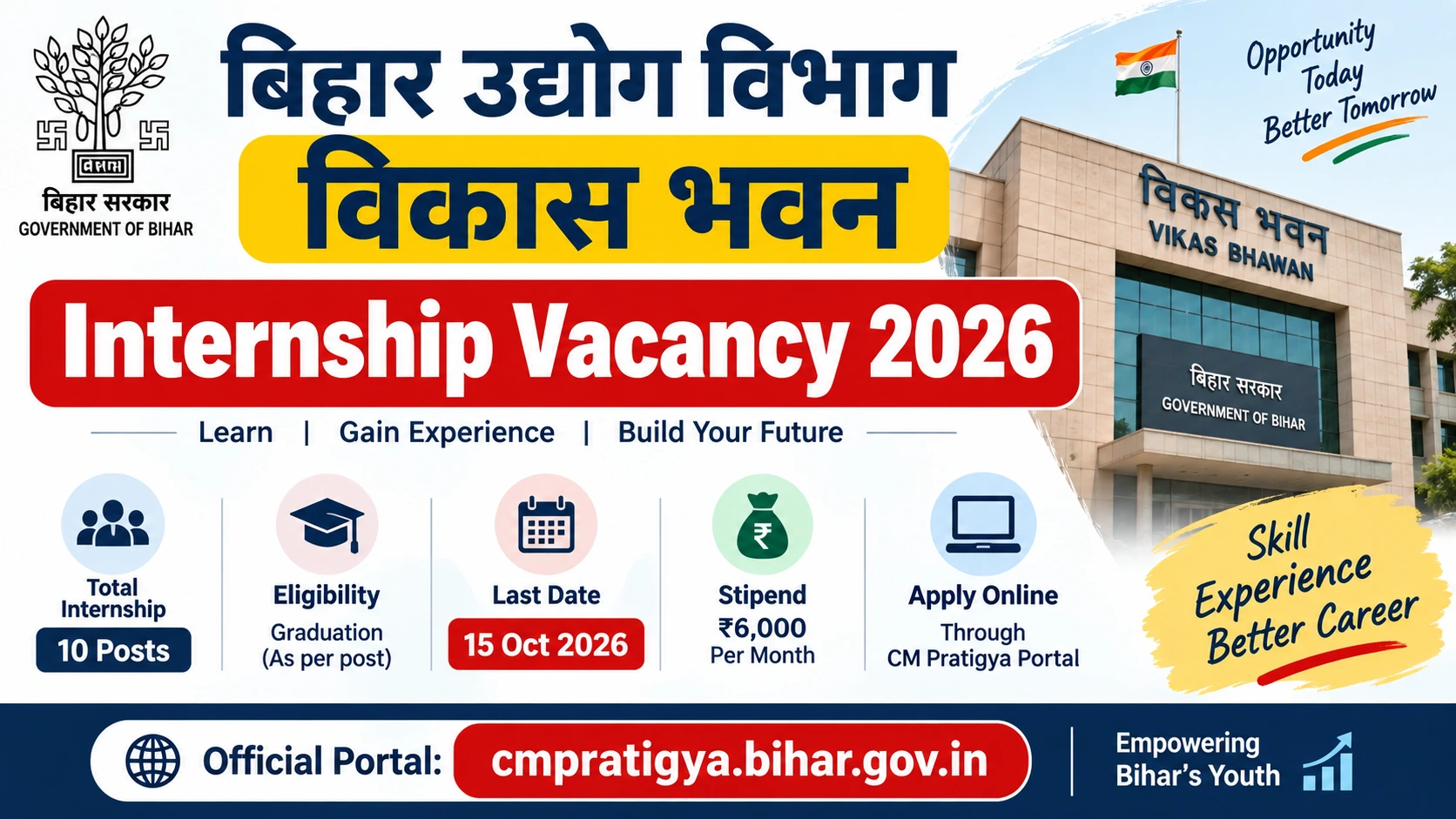 Bihar Vikas Bhawan Internship 2026: 10 Posts, ₹6,000 Stipend, Apply Online