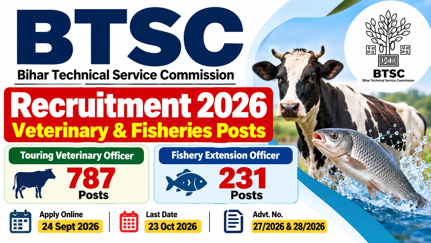 BTSC Recruitment 2026: 1018 Veterinary & Fisheries Posts, Apply Online
