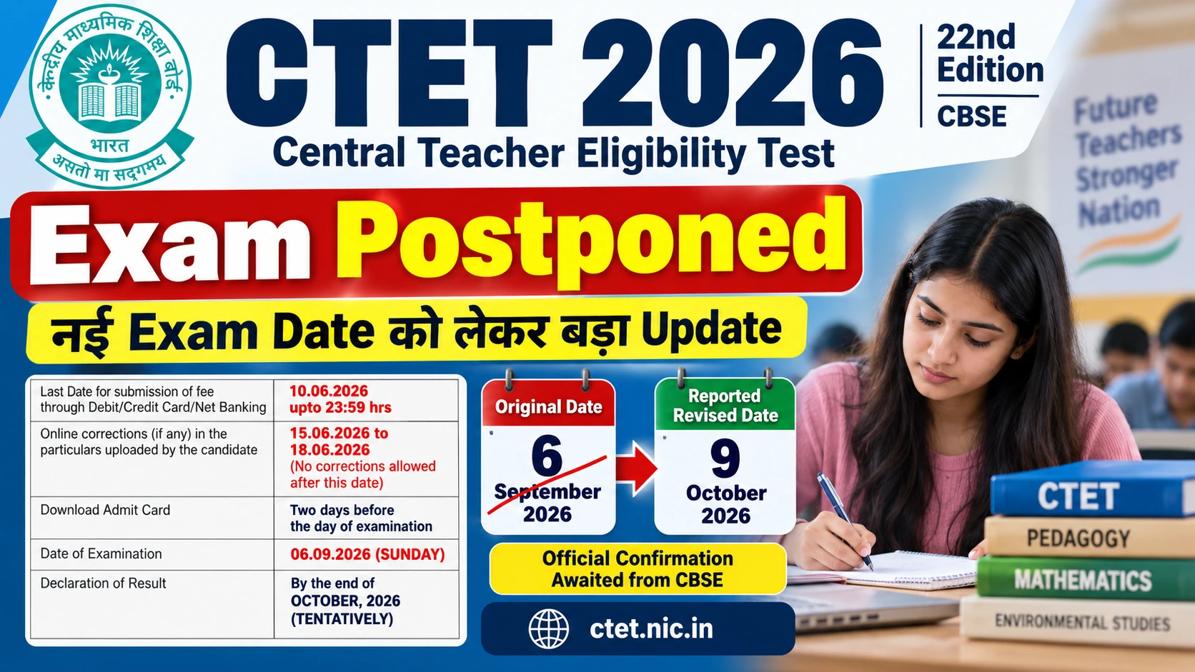 CTET September 2026 Exam Postponed: 6 September की परीक्षा टली, Revised Exam Date को लेकर बड़ा Update
